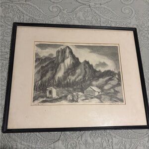 Framed Black and White Mountain Landscape Art Signed By Artist 1947 Shangri-La